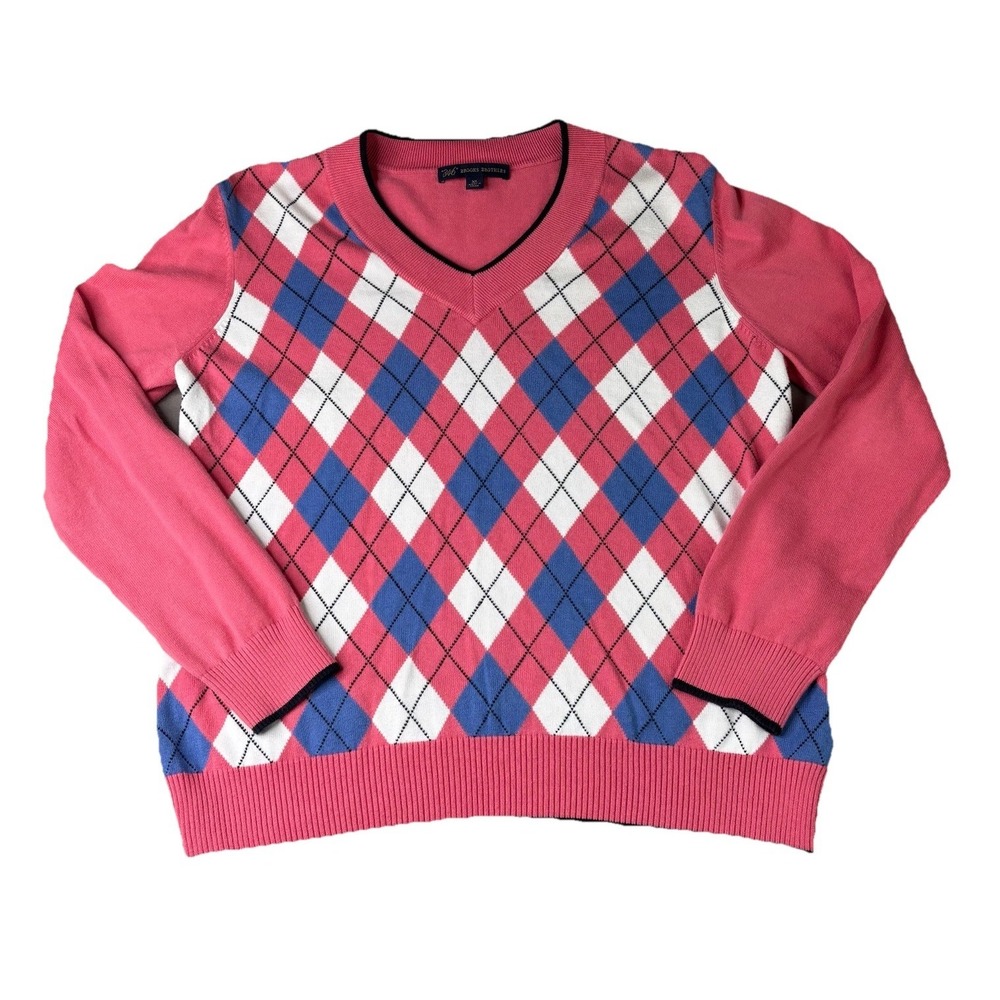 Brooks Brothers 346 Women's Blue & Pink Argyle Pullover Sweater Size XL Cotton